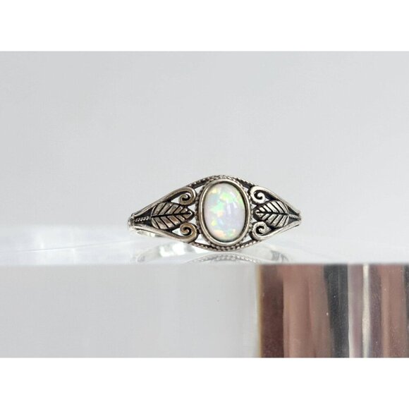 Fire Opal Foliage Southwest Sterling Silver Vintage Solitaire Ring - sz 8.75 - Picture 3 of 10